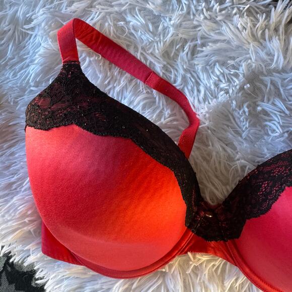 Womens Victorias Secret Perfect Coverage Red Black Lace Underwire Bra 38 DD - Picture 2 of 7